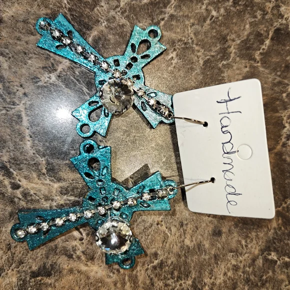 Handmade Teal Cross Earrings with Rhinestones - Picture 4 of 4